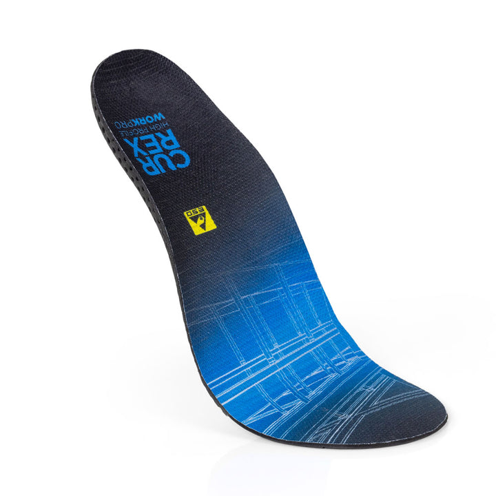 Vue supérieure flottante des semelles WORK haut profil colorées en bleu avec base noire, jaune et bleue #1-choisissez-votre-profil_haut