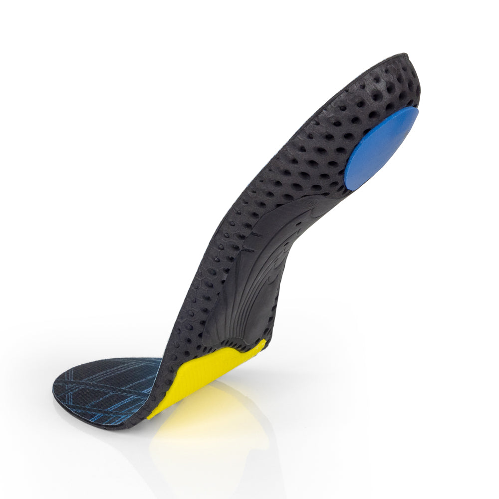Vue de la base flottante des semelles WORK à profil haut avec support d'archaïsme noir, coussinet de talon bleu, coussinet d'amortisseur d'avant-pied jaune, base noire, jaune et bleue #1-choix-de-ton-profil_haut