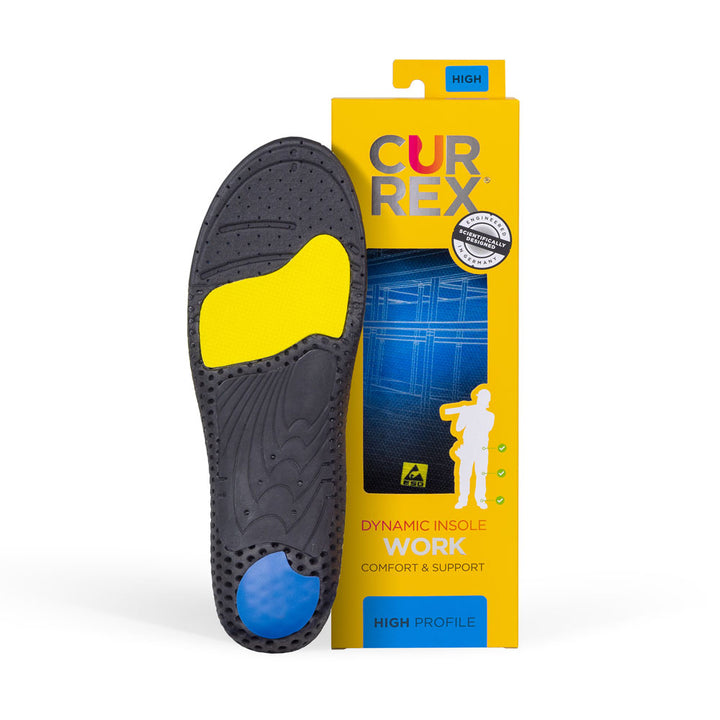 Semelle CURREX WORK avec base noire, jaune et bleue à côté de la boîte jaune/orange avec semelle intérieure bleue #1-choisir-son-profil_high