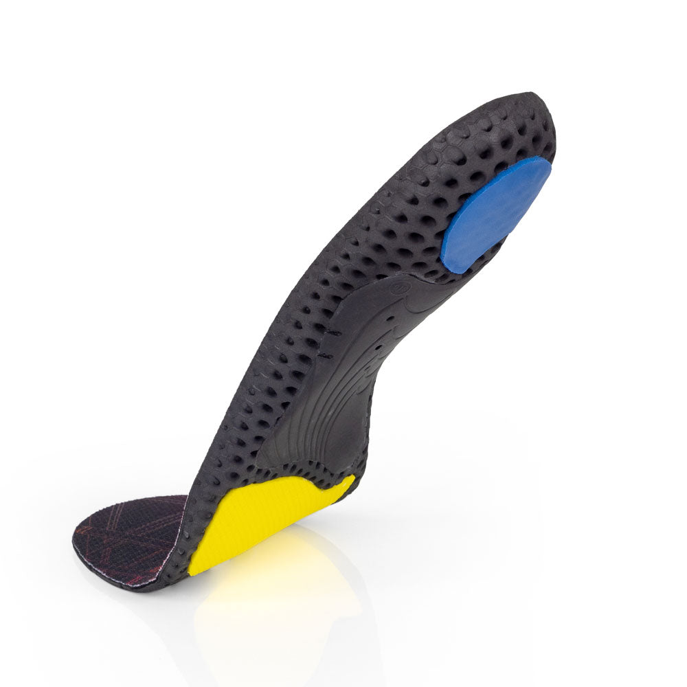 Vue de la base flottante de la semelle basse WORK avec support d'archaïsme noir, coussinet de talon bleu, coussinet d'amortisseur d'avant-pied jaune, base noire, jaune et bleue #1-choisir-son-profil_low