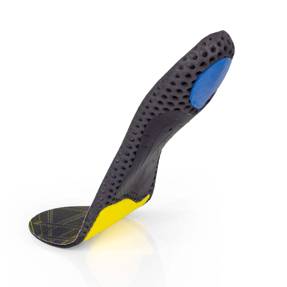 Vue de la base flottante de la semelle WORK à profil moyen avec support d'archaïsme noir, coussinet de talon bleu, coussinet d'amortisseur d'avant-pied jaune, base noire, jaune et bleue #1-choix-de-ton-profil_med
