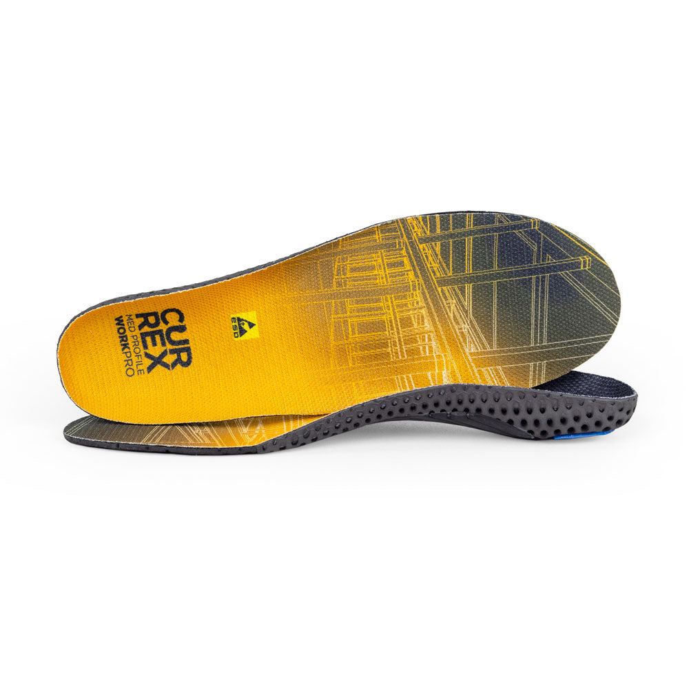 Vue d'une paire de semelles de travail jaunes à profil moyen, l'une debout sur le côté pour montrer le haut de la semelle, la seconde placée à l'avant montrant son profil tandis que le talon est face à la direction opposée #1-choix-de-son-profil_med