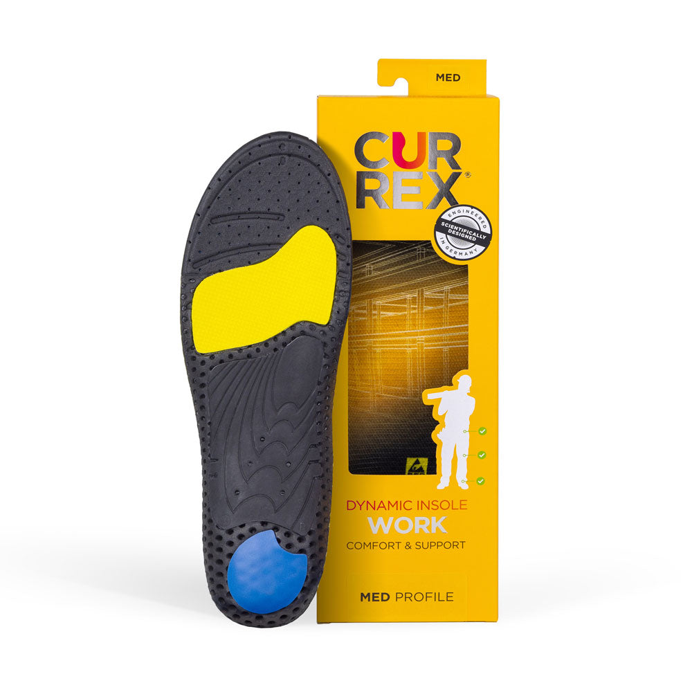 Semelle CURREX WORK avec base noire, jaune et bleue à côté de la boîte jaune/orange avec semelle jaune à l'intérieur #1-choisir-son-profil_med