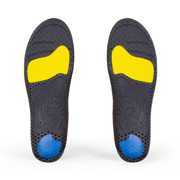 Vue de la base de la paire de semelles WORK low profile avec support d'archaïsme noir, coussinet de talon bleu, coussinet d'amorti jaune pour l'avant-pied, base noire #1-choix-de-ton-profil_low