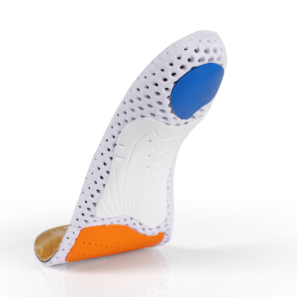 Vue de la base flottante de la semelle ACEPRO profil moyen avec support d'archaïsme blanc, coussinet de talon bleu, coussinet d'amorti orange pour l'avant-pied, base blanche, orange et bleue #1-choix-de-ton-profil_med
