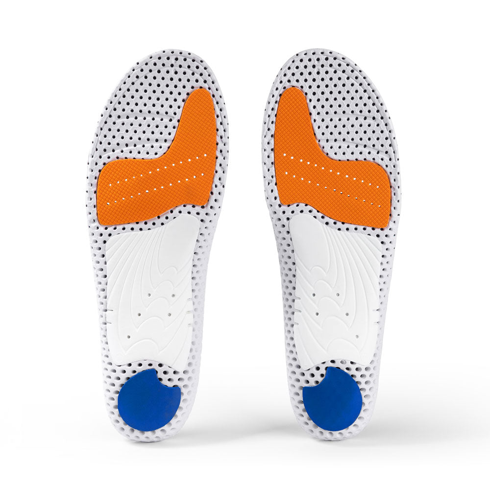 Vue de la base de la paire de semelles ACEPRO low profile avec support d'archaïsme blanc, coussinet de talon bleu, coussinet d'amorti orange pour l'avant-pied, base blanche, orange et bleue #1-choix-de-ton-profil_low