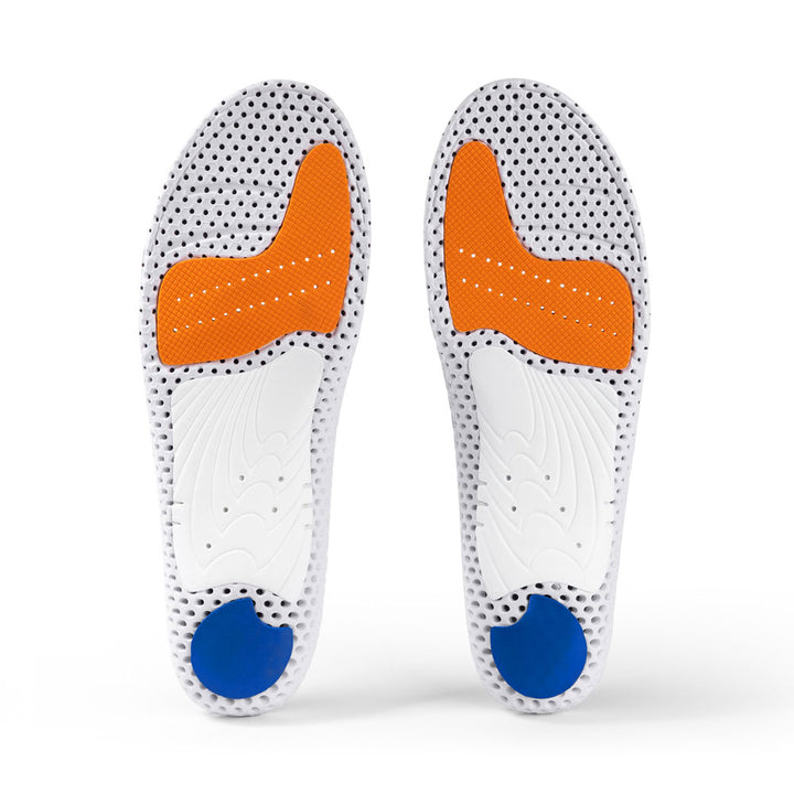 Vue de la base de la paire de semelles ACEPRO low profile avec support d'archaïsme blanc, coussinet de talon bleu, coussinet d'amorti orange pour l'avant-pied, base blanche, orange et bleue #1-choix-de-ton-profil_low