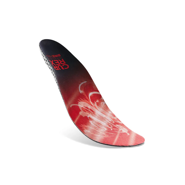 Vue supérieure flottante des semelles BIKEPRO à profil bas de couleur rouge avec base grise, rouge et noire #1-choisir-son-profil_low
