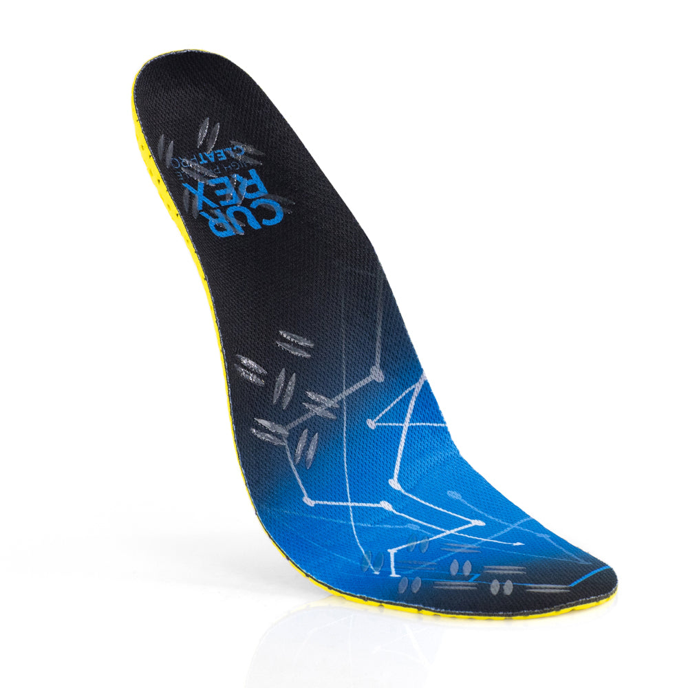 Vue de dessus flottante des semelles hautes CLEATPRO de couleur bleue avec base jaune, rouge, blanche et bleue #1-choisissez-votre-profil_haut