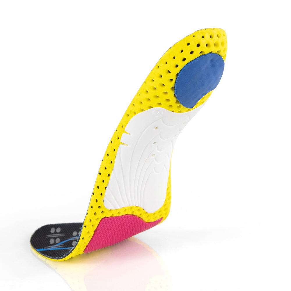 Vue de la base flottante des semelles CLEATPRO à profil haut avec support d'archaïsme blanc, coussinet de talon bleu, coussinet d'amorti avant-pied rouge, base jaune, rouge, blanche et bleue #1-choix-de-ton-profil_haut