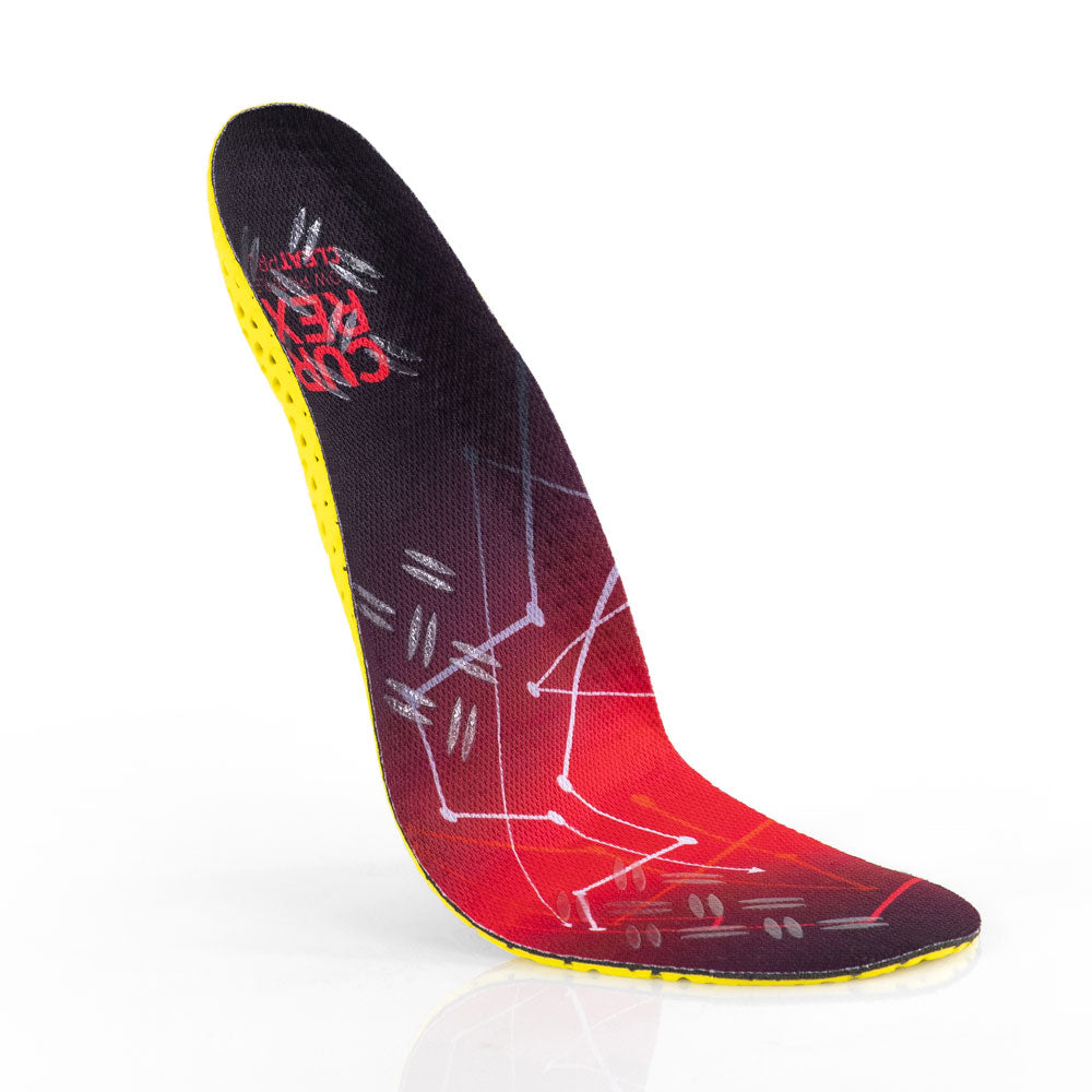 Vue supérieure flottante des semelles CLEATPRO à profil bas de couleur rouge avec base jaune, rouge, blanche et bleue #1-choisir-son-profil_low