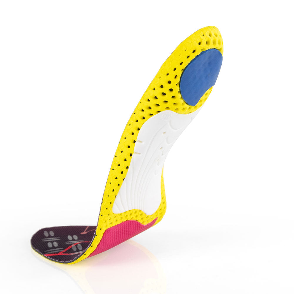 Vue de la base flottante des semelles CLEATPRO à profil bas avec support d'archaïsme blanc, coussinet de talon bleu, coussinet d'amorti d'avant-pied rouge, base jaune, rouge, blanche et bleue #1-choix-de-ton-profil_low