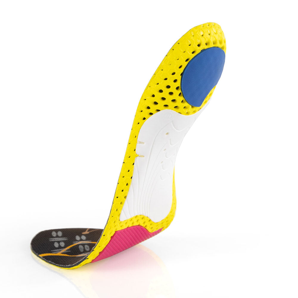 Vue de la base flottante de la semelle CLEATPRO profil moyen avec support d'archaïsme blanc, coussinet de talon bleu, coussinet d'amorti avant-pied rouge, base jaune, rouge, blanche et bleue #1-choix-de-ton-profil_med