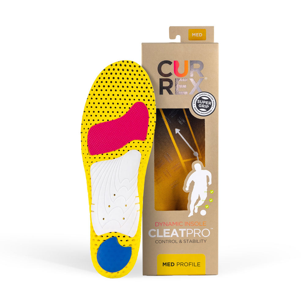 Semelle CURREX CLEATPRO avec base jaune, rouge, blanche et bleue à côté d'une boîte marron clair avec semelle jaune à l'intérieur #1-choisir-son-profil_med