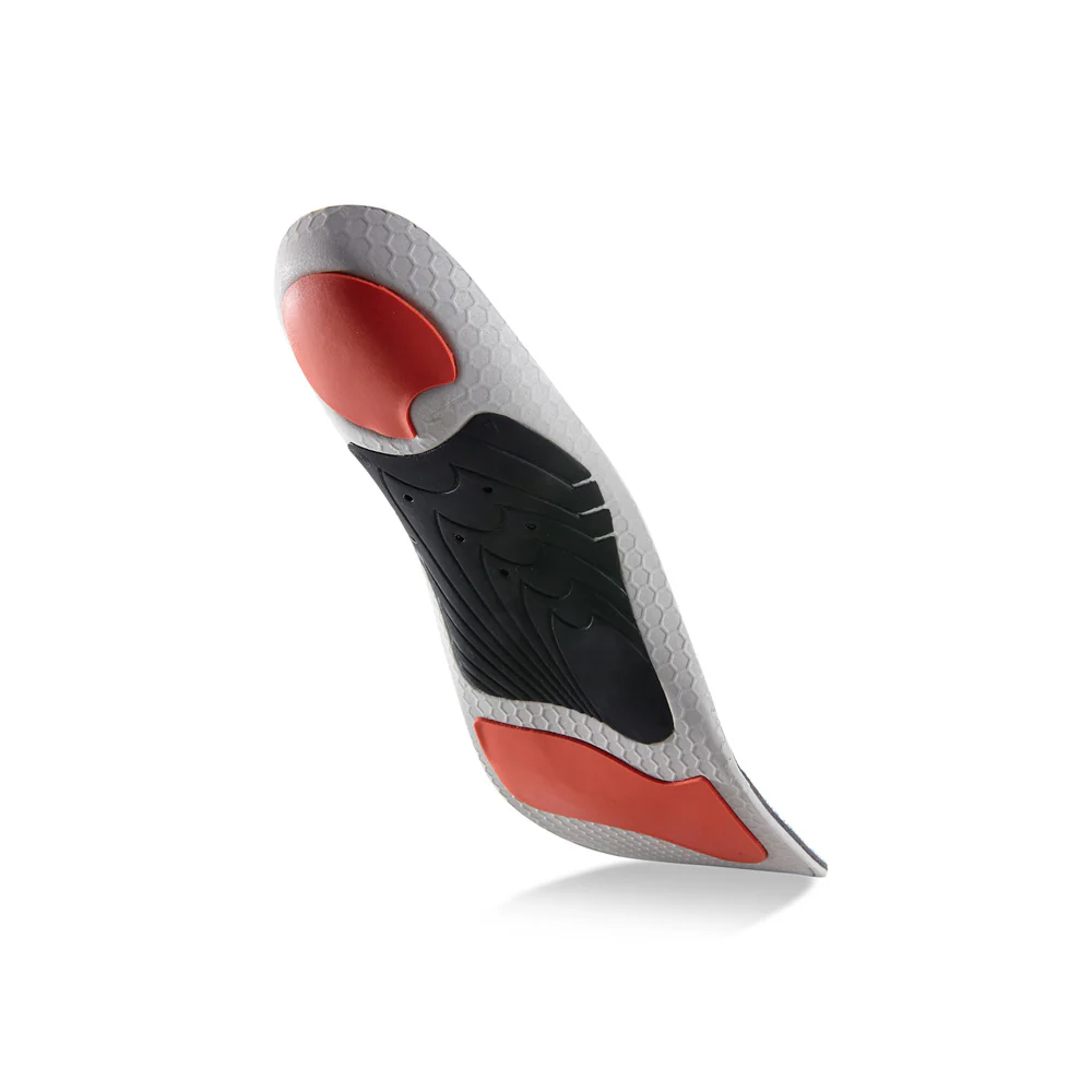 Vue de la base flottante de la semelle EDGEPRO à profil haut avec support d'arche noir, coussinet de talon rouge, coussinet d'amortisseur d'avant-pied rouge, base grise, rouge et noire #1-choisir-son-profil_haut
