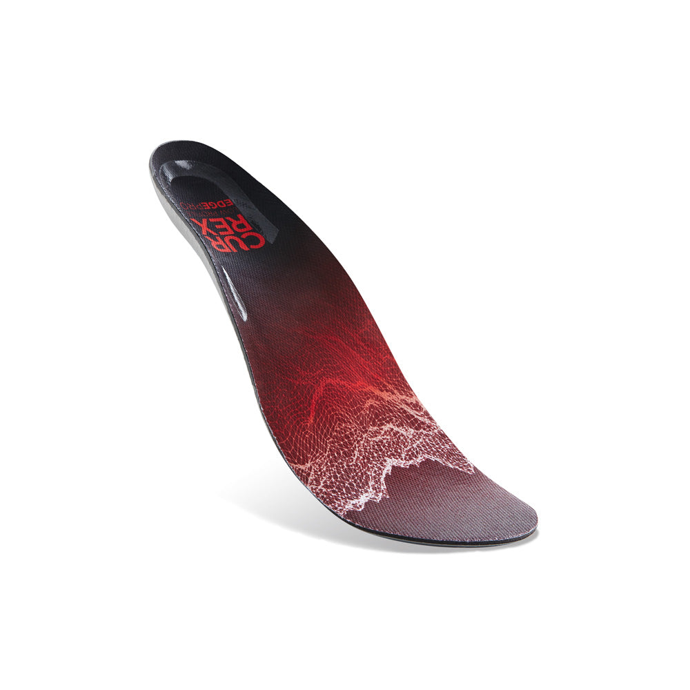 Vue supérieure flottante des semelles basses EDGEPRO de couleur rouge avec base grise, rouge et noire #1-choisir-son-profil_low