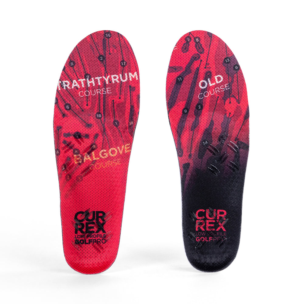 Top view of red colored GOLFPRO low profile pair of insoles #1-wise-dein-profile_low