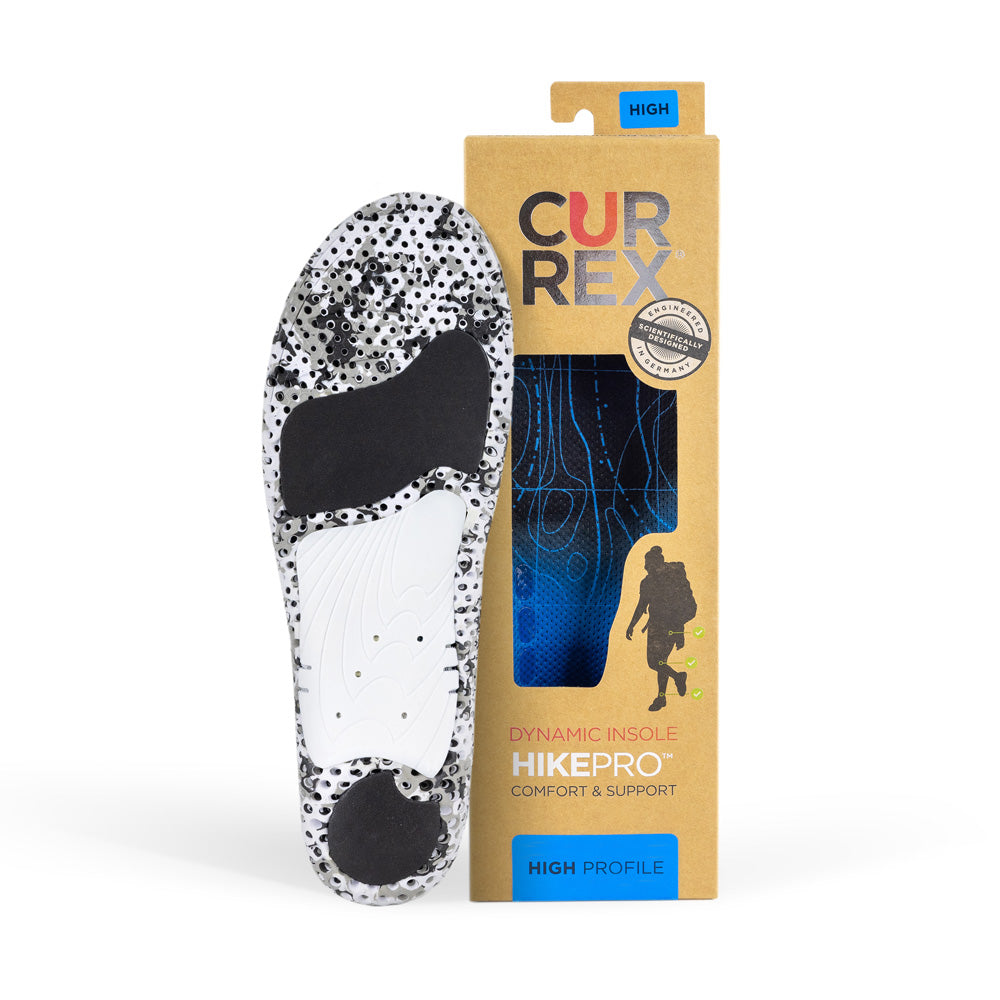 Semelle CURREX HIKEPRO avec base camo blanche et noire à côté de la boîte en havane avec semelle intérieure bleue #1-choisir-son-profil_high