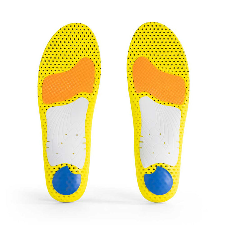 Vue de la base de la paire de semelles RUNPRO à profil haut avec soutien du cou-de-pied blanc, coussinet de talon bleu, coussinet de pied orange, base jaune #1-choisi-ton-profil_haut