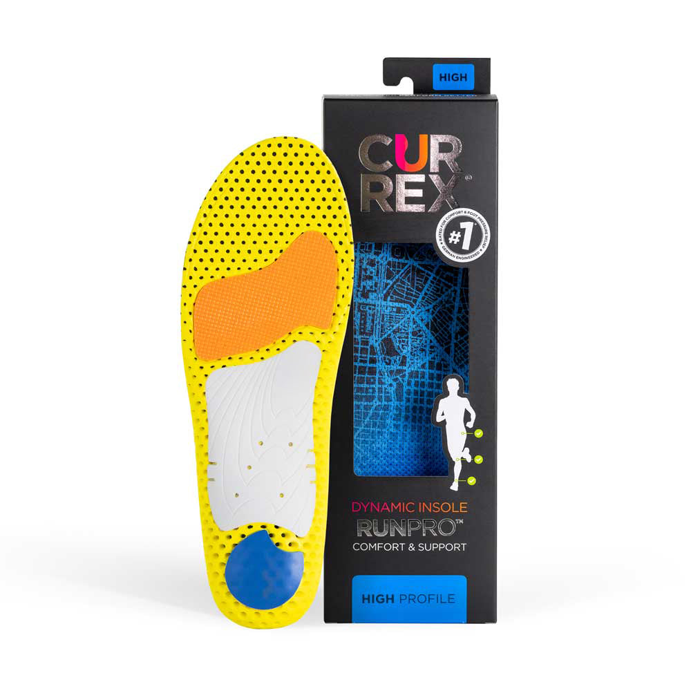Semelle CURREX RUNPRO jaune, orange, blanche et base bleue près de la boîte noire avec semelle bleue à l'intérieur #1-choisir-son-profil_high