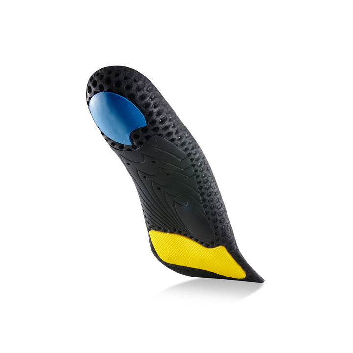 Vue de la base flottante des semelles WORK à profil haut avec support d'archaïsme noir, coussinet de talon bleu, coussinet d'amortisseur d'avant-pied jaune, base noire, jaune et bleue #1-choix-de-ton-profil_haut