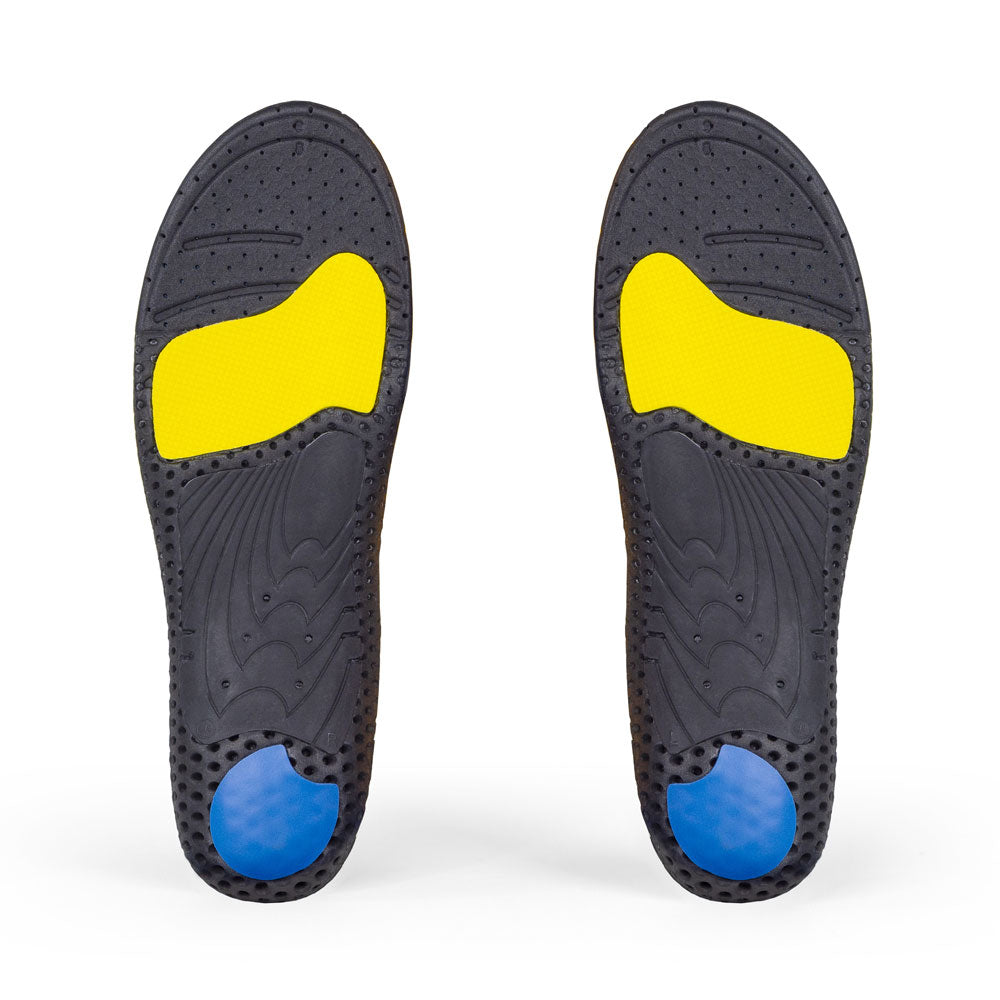 Vue de la base de la paire de semelles WORK low profile avec support d'archaïsme noir, coussinet de talon bleu, coussinet d'amorti jaune pour l'avant-pied, base noire #1-choix-de-ton-profil_low